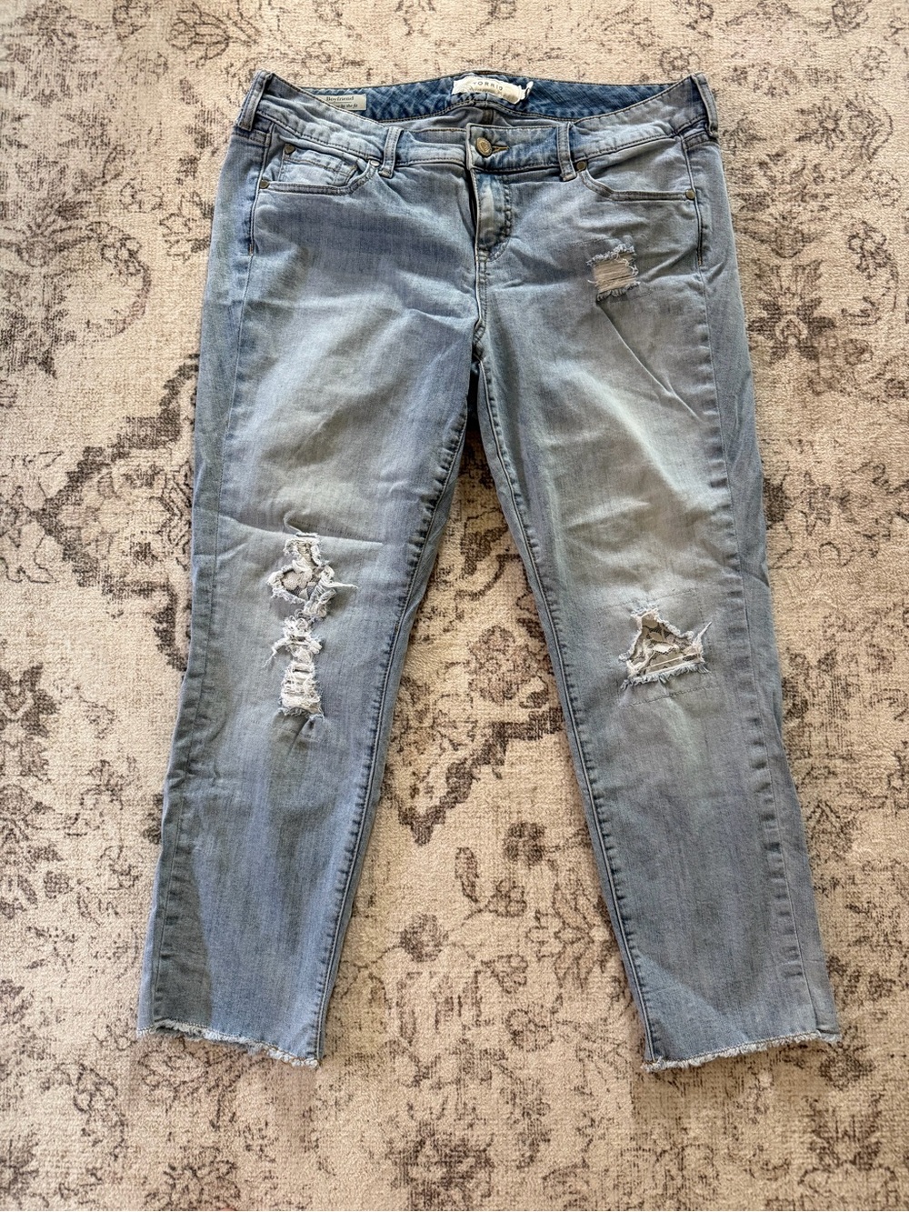 Torrid  Light Blue Distressed w/Lace patches Ankle Jeans